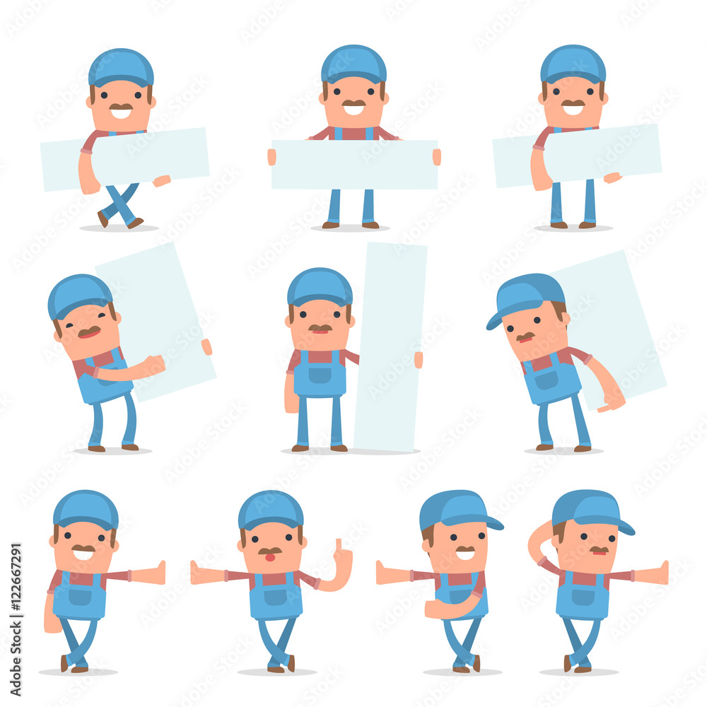 Set of Smart and Funny Character Technician leaned against the w Set of Smart and Funny Character Technician leaned against the w