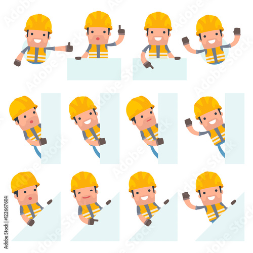 Set of Funny and Cheerful Character Incompetent Builder holds an