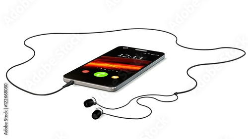 Smartphone with earphones isolated on white 