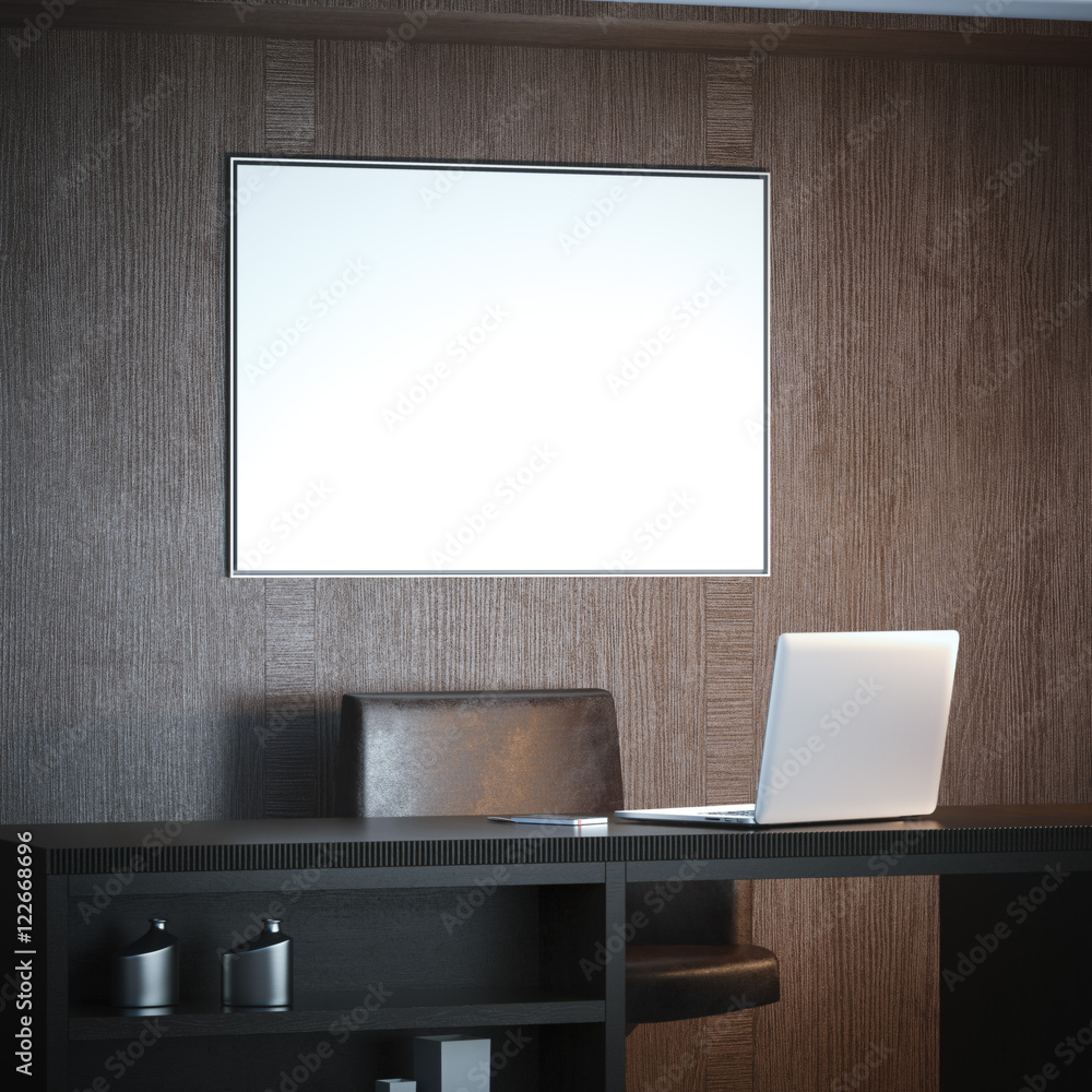 Obraz premium Classical interior with workplace and white big canvas. 3d rendering