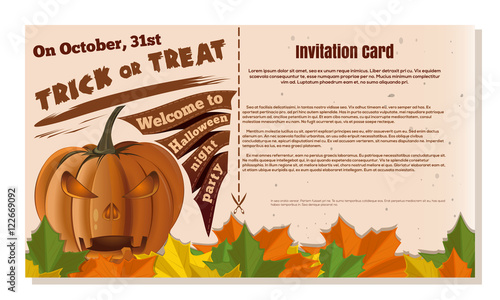 Halloween invitation card. Trick or treat. Happy Halloween. Festive beige design for Halloween party. Vector illustration