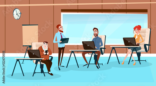 Office Interior, Businesspeople Sitting Desk Business People Working Computer Flat Vector Illustration