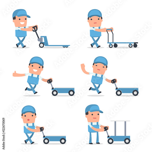 Set of Smart and Funny Character with cart, barrow, trolley for using in presentations, etc.
