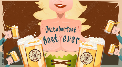 Oktoberfest Festival Girl Waitress Hold Beer Mug Glasses Vector Illustration
