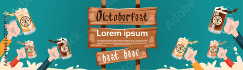 Hand Hold Beer Glass Mug Oktoberfest Festival Banner Flat Vector Illustration