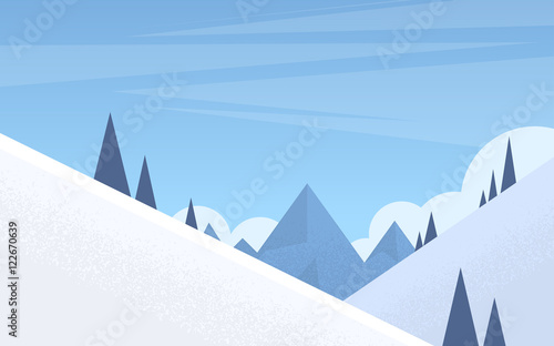 Winter Mountain Forest Landscape Background, Pine Snow Trees Woods Flat Vector Illustration