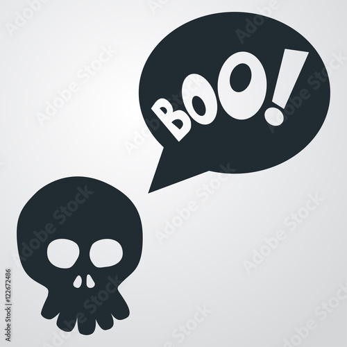 Icono plano BOO y caricatura de calavera frontal sobre fondo degradado