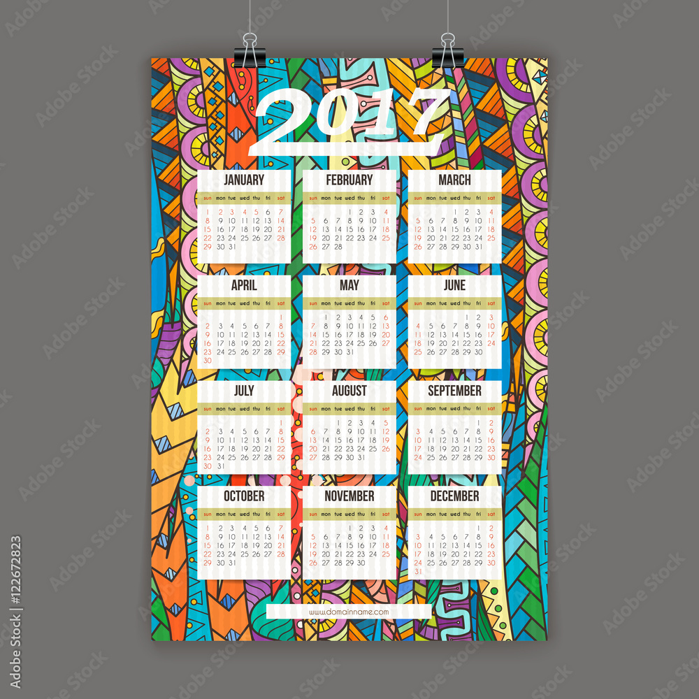 Zentangle colorful calendar 2017 hand painted in the style of floral patterns and doodle.