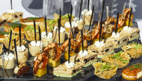 Catering service . sandwiches meat, fish, vegetable canapes on a festive wedding table outdoor