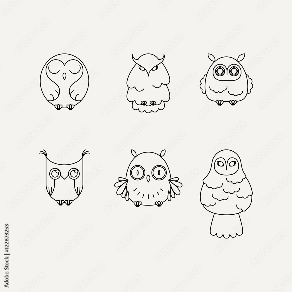 Set of lined owl logos and emblems. Vector illustration collection in line style