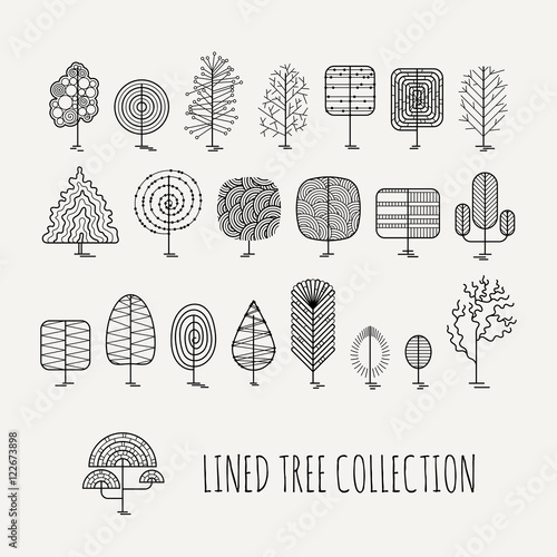 Set of lined trees. Simple style.