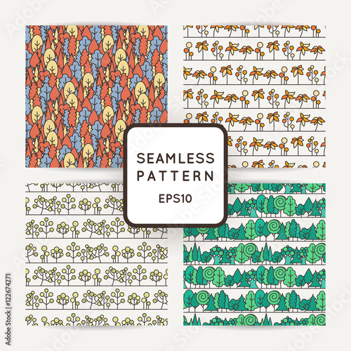 Set of seamless tree pattern. Background vector line ornament.