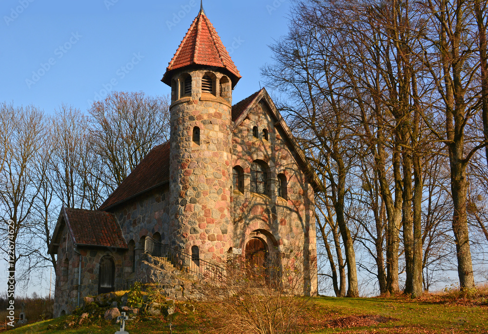 old stone church i Raszag, Mazury, Poland