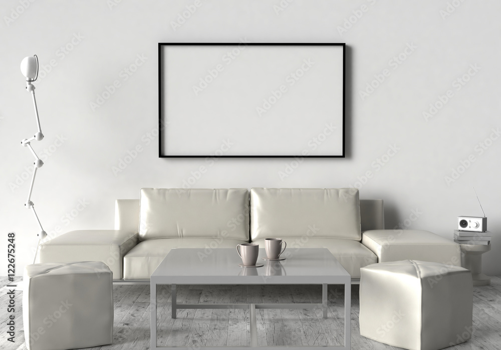 Living room, sofa, two stool and table. On the wall of an empty