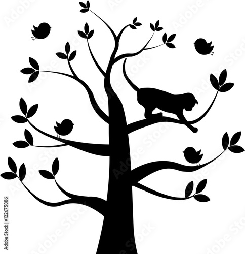 Vector silhouette of a cat on the tree catching the bird
