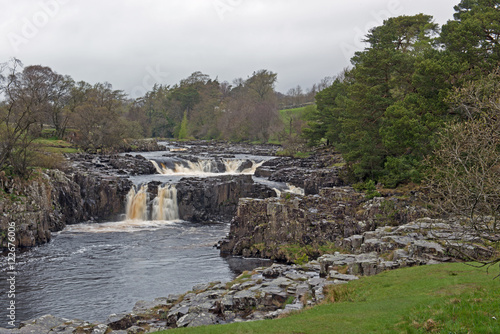 View under a threatening sky of Low Force waterfall on the River Tees near Middleton-in-Teesdale  County Durham  England