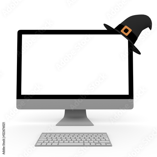 personal computer with witch hat for halloween