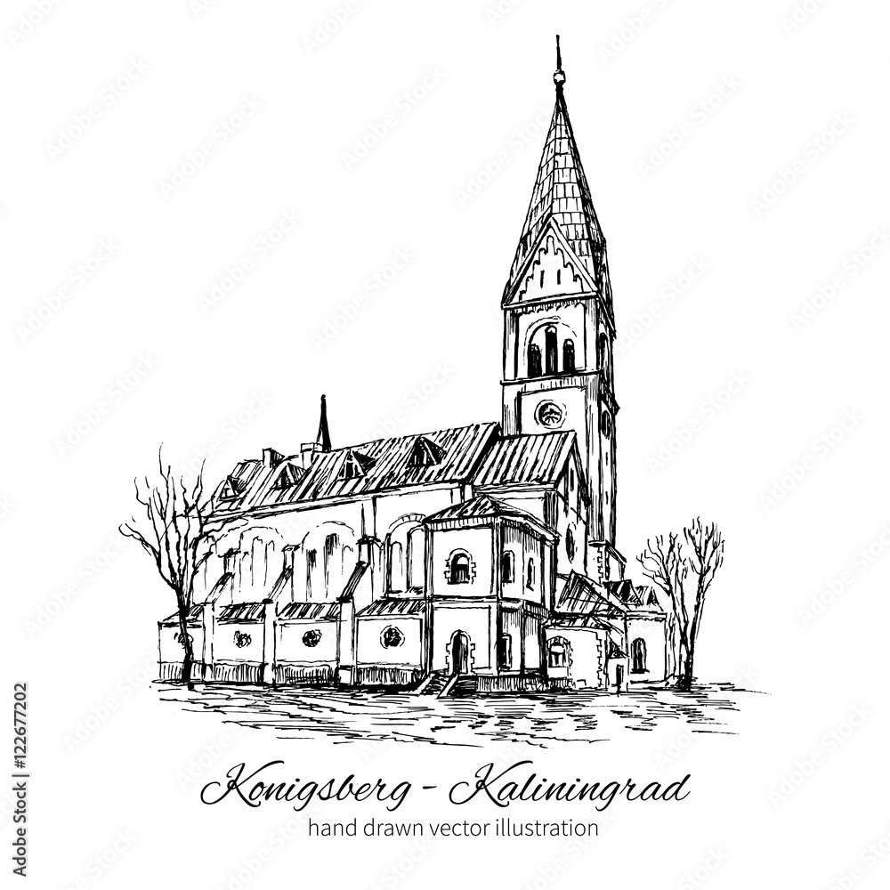 The Church of Queen Luisa, Luizenvahl, Landmark of the city of Kaliningrad, Russia, Is main symbol of the Konigsberg, Vector hand drawn ink urban sketch isolated on white, Historical building line art