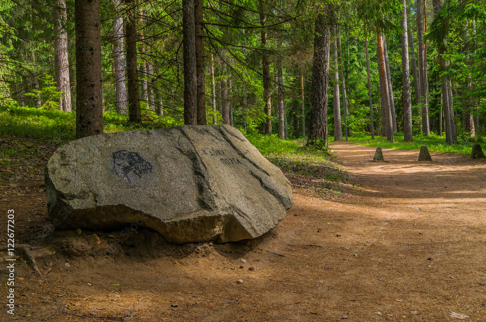 A path through the forest to the Mikhailovskoye state museum-reserve of Aleksandr Pushkin, Pushkinskiye Gory,Russia. A path through the forest to the Mikhailovskoye state museum-reserve of Aleksandr Pushkin, Pushkinskiye Gory,Russia.