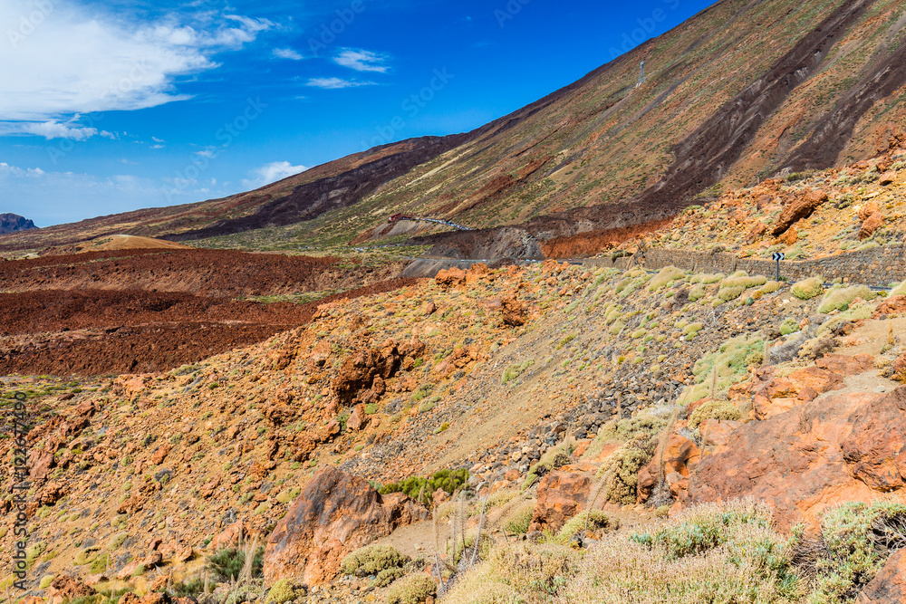 Teide National Park, Tenerife, Spanish Canary Islands showing the weathered red volcanic soil closely resembling that on Mars which has resulted in this becoming a testing ground for Mars projects
