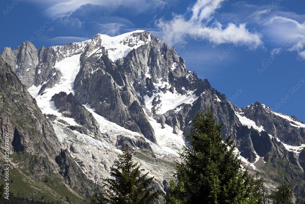 Italian side Mont Blanc summer landscape. Mont Blanc is the highest peak of european Western Alps.