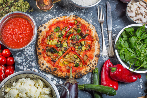 Traditional vegetarian italian pizza with pumpkin, eggplant and red peppers