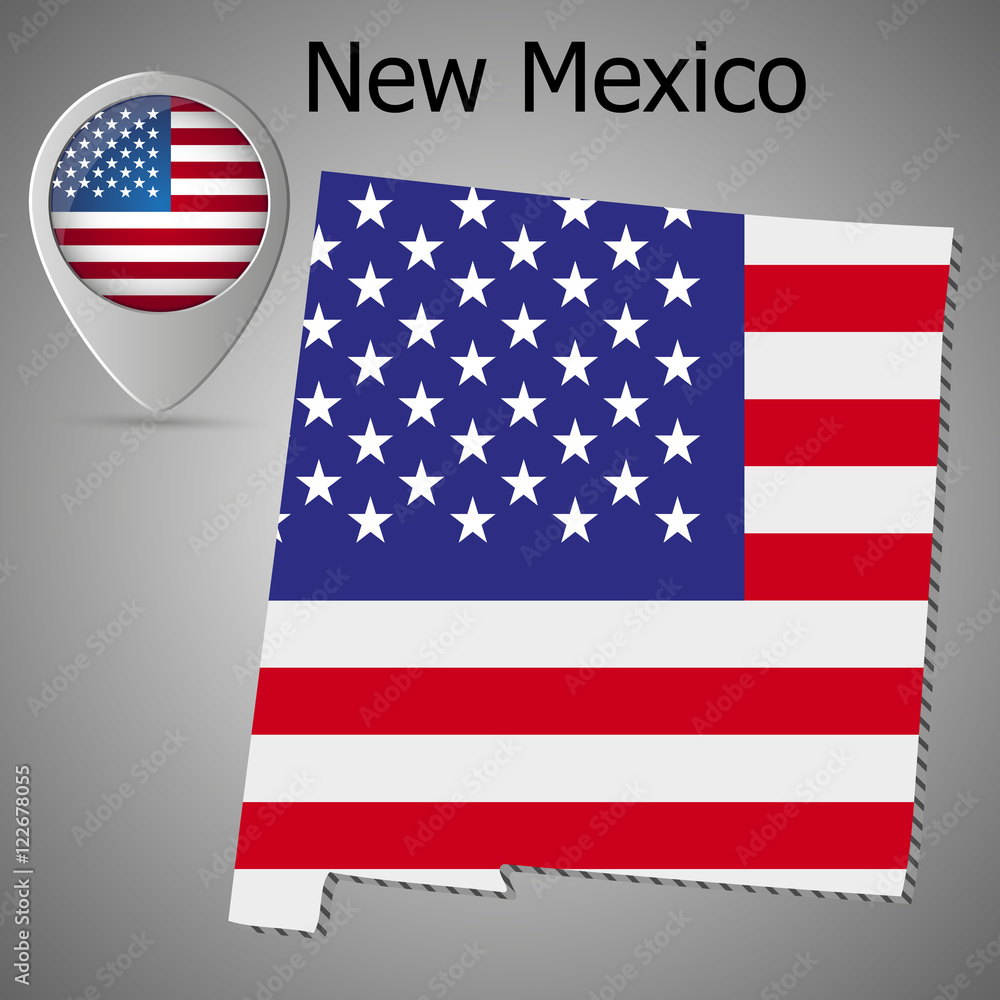 New Mexico State map with US flag inside and Map pointer with American flag. New Mexico State map with US flag inside and Map pointer with American flag.