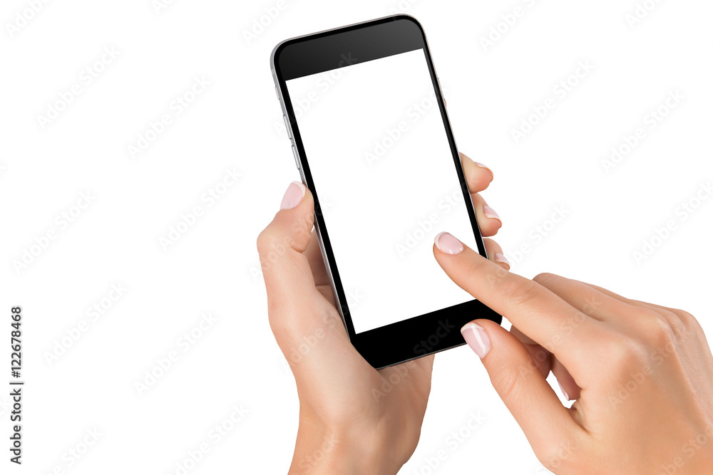 hand with a black cellphone with white screen at isolated background