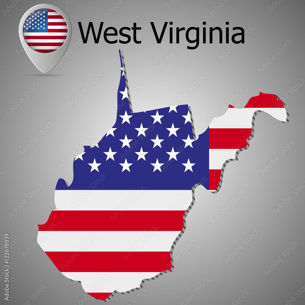 Foto West Virginia State map with US flag inside and Map pointer with American flag