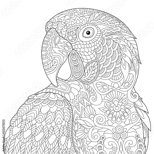 Stylized macaw (arara) parrot, isolated on white background. Freehand sketch for adult anti stress coloring book page with doodle and zentangle elements.