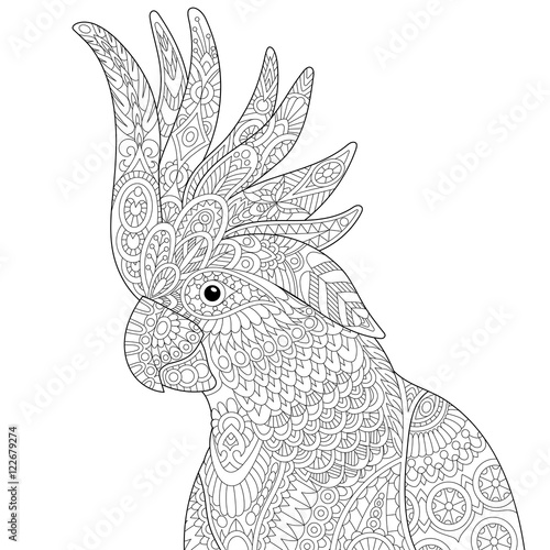 Stylized cockatoo (kakadu) parrot, isolated on white background. Freehand sketch for adult anti stress coloring book page with doodle and zentangle elements.