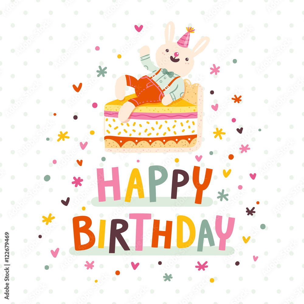 Naklejka premium Happy birthday card with bunny and cake