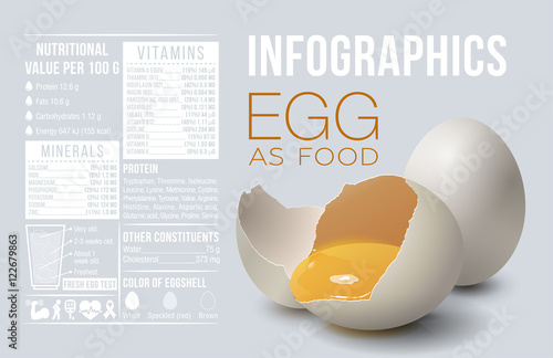 Egg infographics. Egg as food. Design template, vitamins and minerals. Benefit of egg. Vector illustration