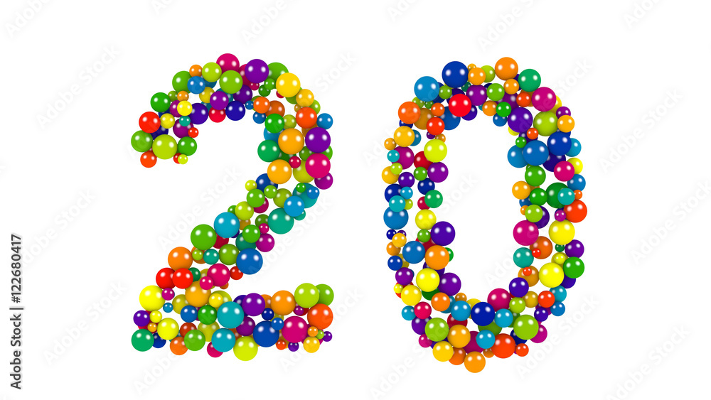 Bright colored balls in the shape of number twenty