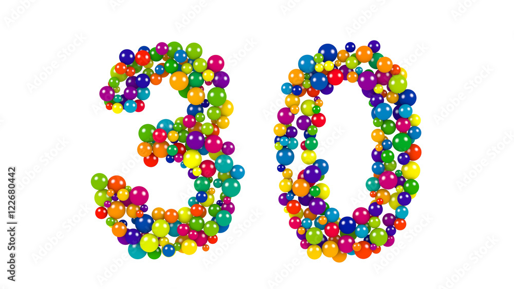 Number 30 formed of decorative rainbow balls