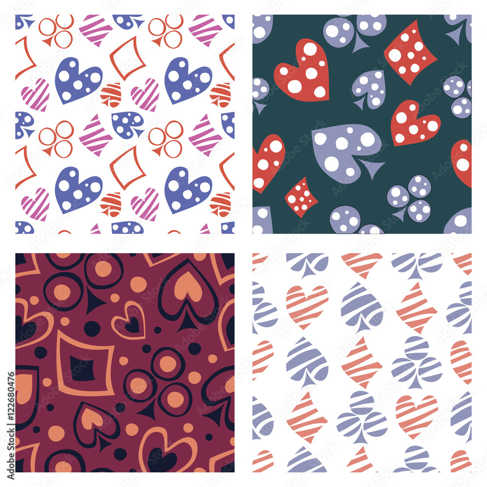 Set of seamless vector patterns with icons of playings cards. Colorful backgrounds with hand drawn symbols. Decorative repeating ornament. Series of Gaming and Gambling Seamless vector Patterns. Set of seamless vector patterns with icons of playings cards. Colorful backgrounds with hand drawn symbols. Decorative repeating ornament. Series of Gaming and Gambling Seamless vector Patterns.