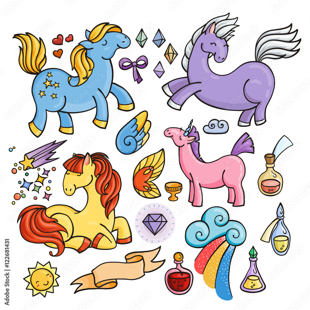Naklejka premium Magic set of unicorns, wings and potions.