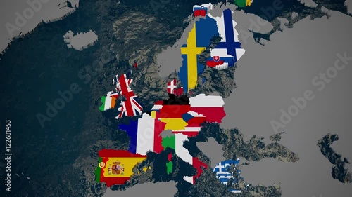Map of Europe, member countries fall into place by join date, flags, 3D
