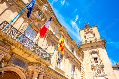 Town hall with clock tower in the old town of Aix-en-Provence in France photo