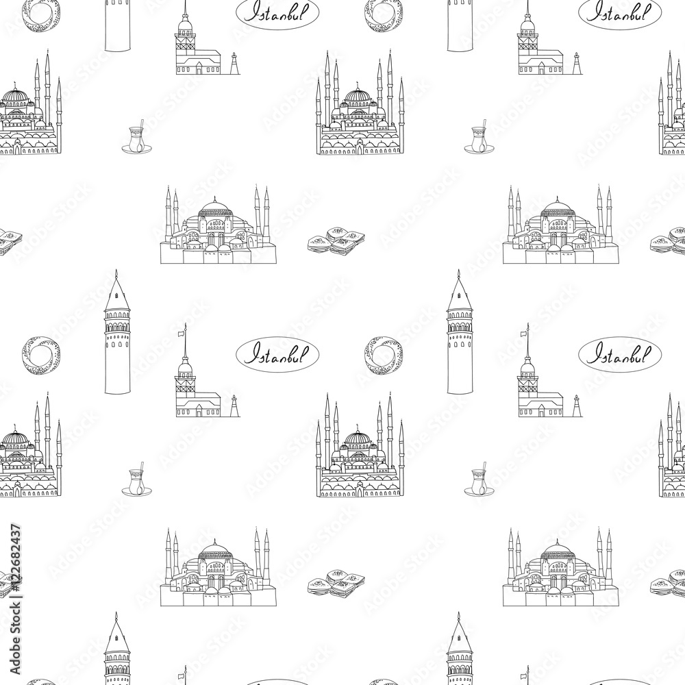 Black and white Istanbul tourist vector print seamless pattern.