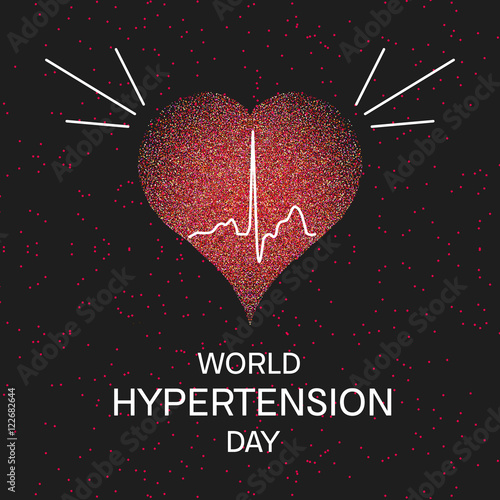 World Hypertension Day. Vector illustration of heart and cardiogram on black background. Hypertension awareness sign. Pulse symbol. Heartbeat label. Medical concept.