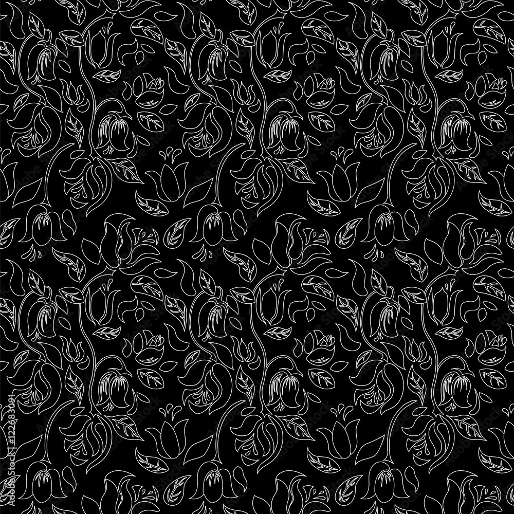 Black and white tulip and rose floral textile vector seamless pattern. Black and white tulip and rose floral textile vector seamless pattern.