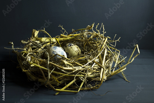 Quail eggs in a nest with feathers.