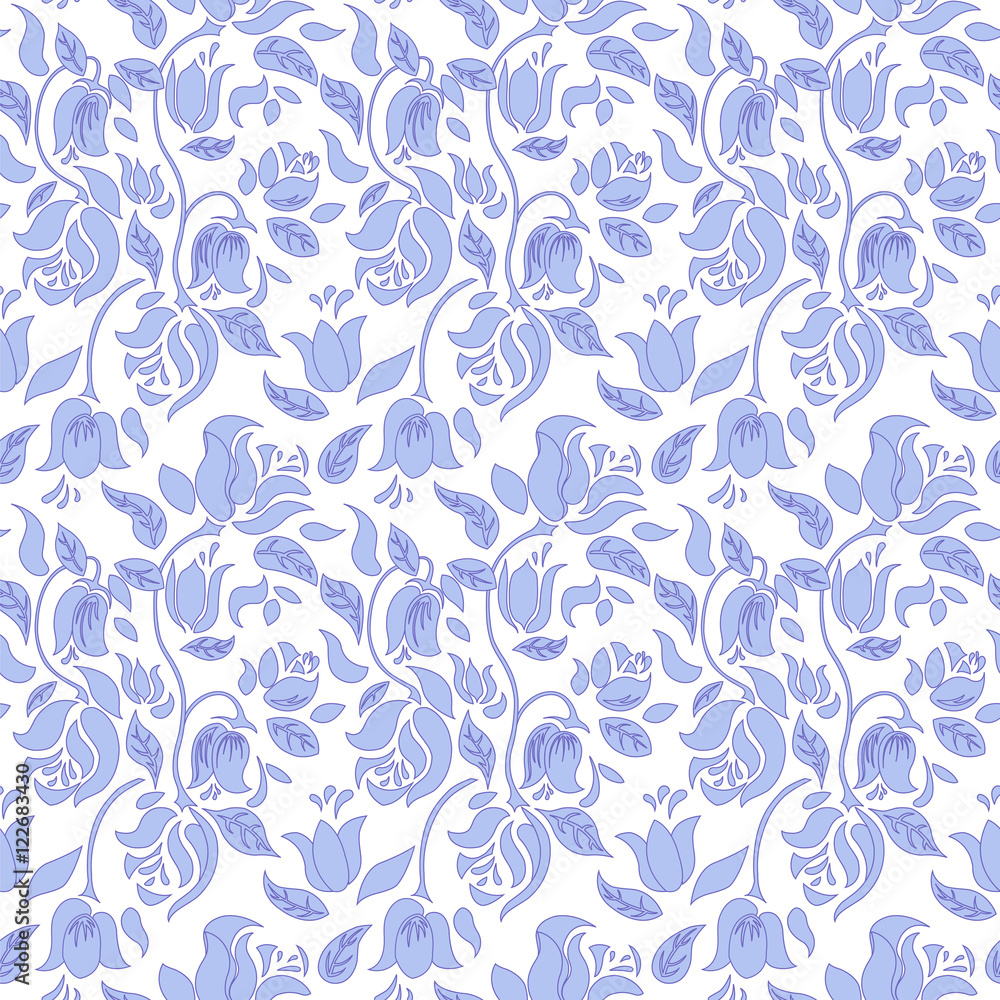 Blue and white tulip and rose floral textile vector seamless pattern.
