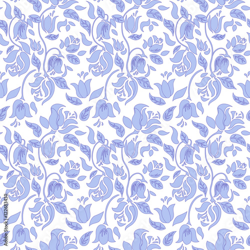Blue and white tulip and rose floral textile vector seamless pattern.