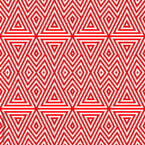 Seamless pattern with symmetric geometric ornament. Striped red abstract on white background. Repeated triangles and rhombuses wallpaper. Vector illustration