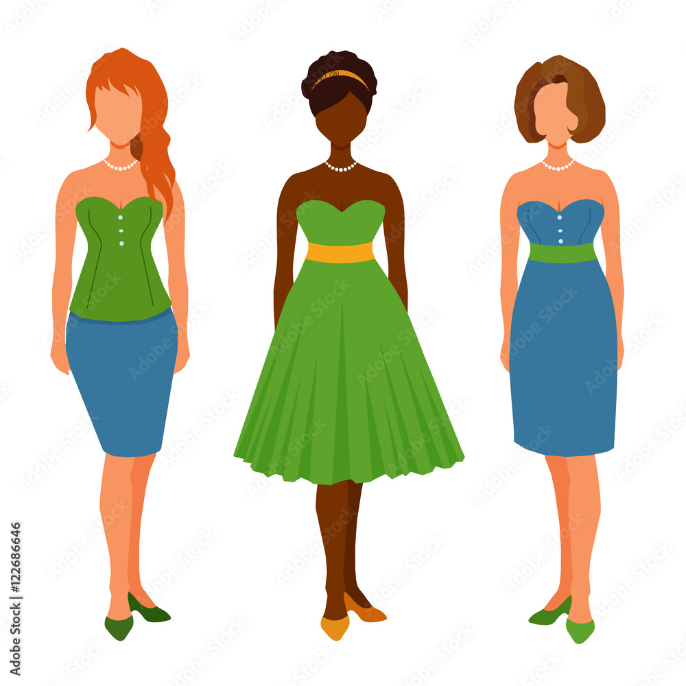 Cartoon girls in dresses, casual outfit, skirt, shoes. Cartoon girls in dresses, casual outfit, skirt, shoes.