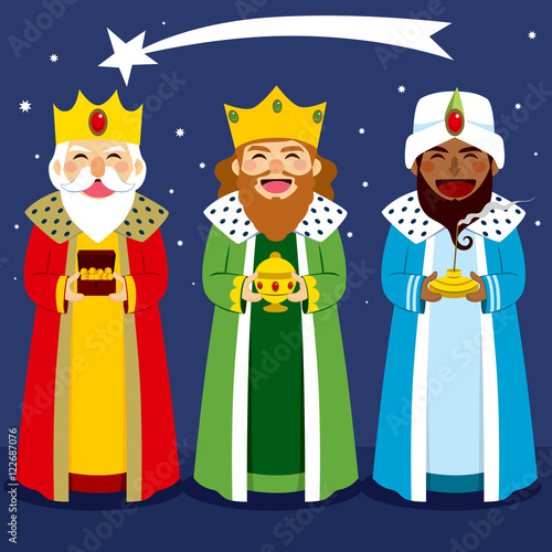 Three wise men bring presents to Jesus in Christmas eve