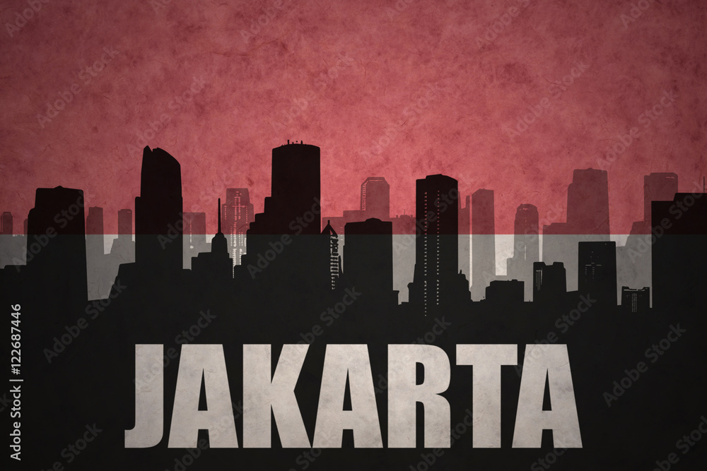 abstract silhouette of the city with text jakarta at the vintage
