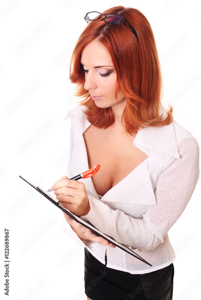 Portrait of smiling businesswoman with pen, isolated on white Portrait of smiling businesswoman with pen, isolated on white